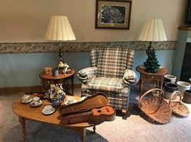 Berne Upholstered Rocker~Matching Oak End Tables~Oak Coffee Table~Lamps~Decor~Vintage Ukulele w/ Case