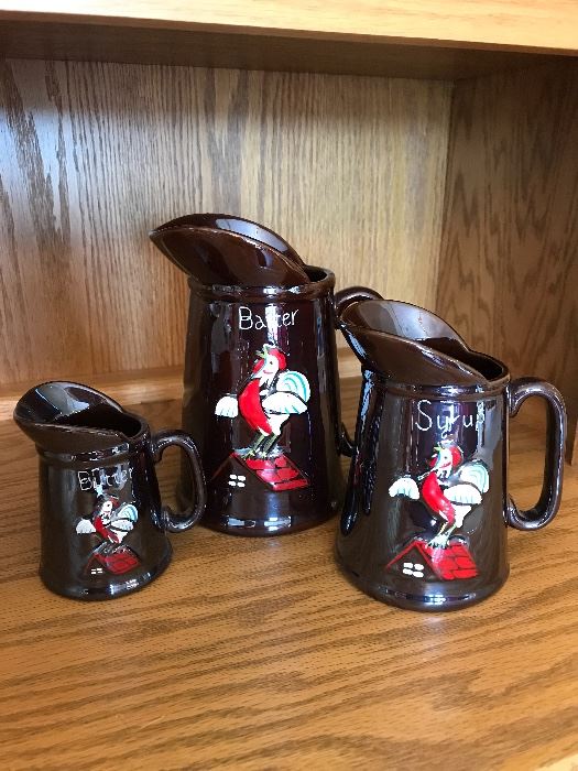 Vintage Rooster 3 Piece Brown Pitchers~Batter/Syrup/Butter