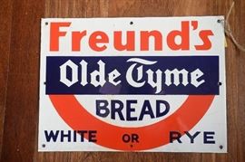 Vintage single-sided porcelain Freund's Bread sign.