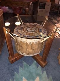 Southwestern drum table with glass top......