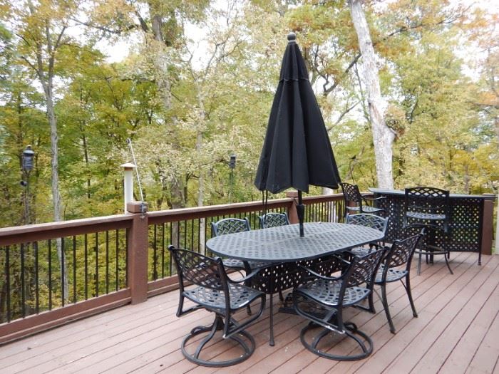OUTDOOR DINING TABLE, UMBRELLA AND CHAIRS
