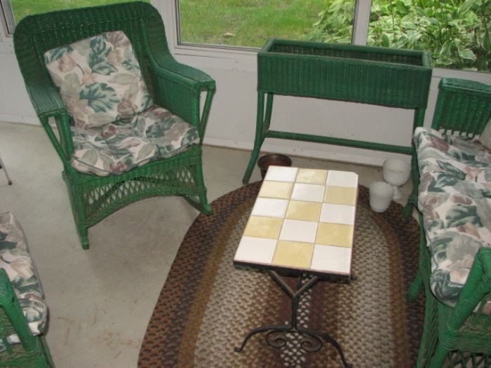 vintage green wicker, tile table, vintage braided rug