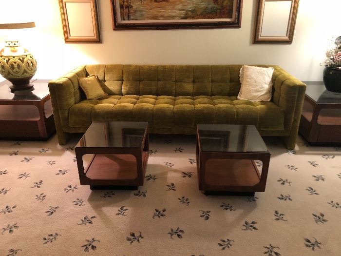 Mid century sofa, 4 matching mid century end tables