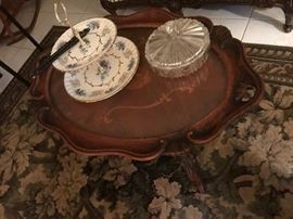Antique inlaid table, carpet