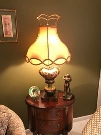 Matched pair of lamps, matched pair of oval French side tables with original hardware...very good condition....