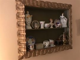 Antique shadow box with vintage porcelains