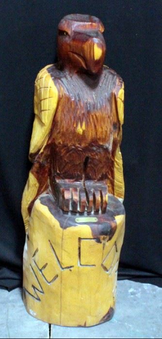 Chain Saw Carved Eagle Welcome Totem By Vicky Bamber, 40"H x 13" Base Dia