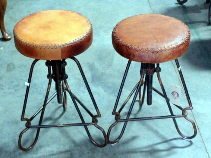 The Barrel Shack Industrial Look "Bridgette" Adjustable Stools With Wrought Iron Bottoms And Leather Seats, Steampunk, Qty 2