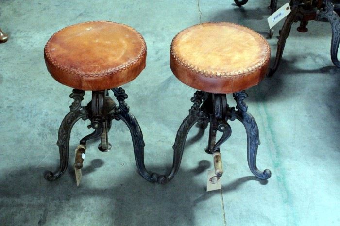 The Barrel Shack Industrial Look "Gabrielle" Adjustable Stools With Cast Bottoms And Leather Seats, Steampunk, Qty 2