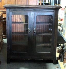 Vintage Hutch Top With Glass Doors And Lions Head Pulls, 50"H" x 46"W x 13"D
