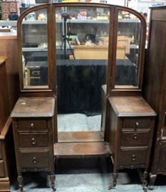 Vintage Six Drawer Vanity With Tri-Fold Mirror On Casters, Dovetail Construction, 66"H x 48.5"W x 18"D