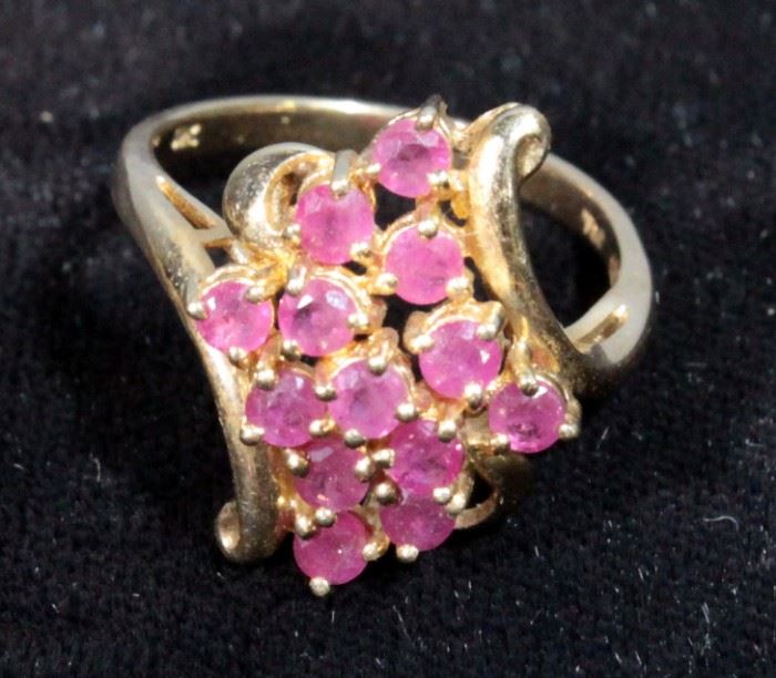 10K Gold And Ruby Women's Cocktail Ring With 13 Rubies