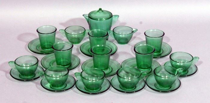 Akro Agate Child's Tea Set, 28 Pieces Including Plates, Saucers, Tea Cups, Glasses, Sugar, Creamer And Pitcher, Fluorses With Black Light