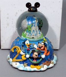Walt Disney Snow Globes Qty 2 "Sorcerer" Plays "We Wish You A Merry Christmas" And Donald, Goofy & Mickey Plays "Celebrate The Future", Boxes Included