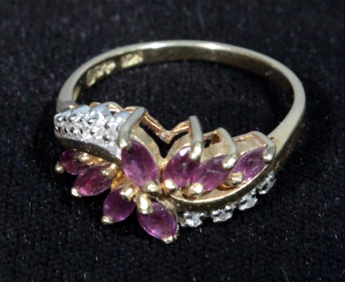 10K Ruby And Diamond Women't Cocktail Ring, 8 Rubies And 8 Small Diamonds