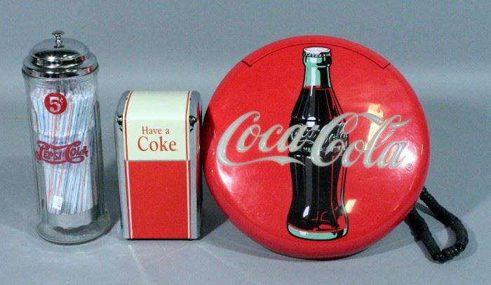 Coca Cola Brand Bottle Cap Wall Telephone, Napkin Holder And Pepsi Cola Straw Holder
