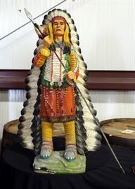 Painted Composite Indian Chief With Lance And War Bonnet And Painted Leather Wall Decor