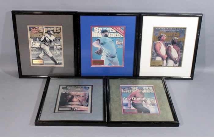 Framed Sports Illustrated Covers, Includes Babe Ruth, David Wells, Tiger Woods, Bill Russell And More, 18" x 15.5", Qty 5