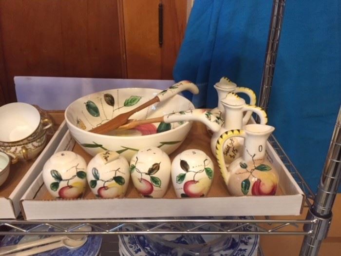 Vintage ceramic salt & pepper shakers, serving bowl, oil & vinegar containers in the kitchen.