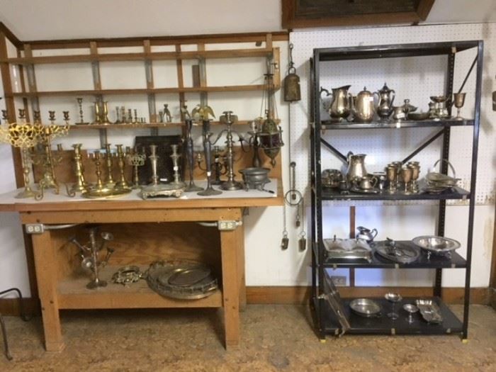 Brass & silver plate items in the third floor ballroom. 