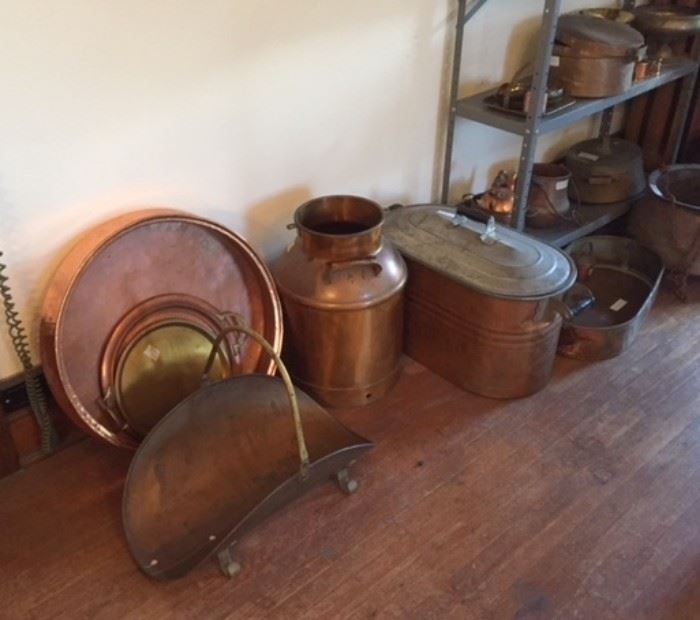 Vintage copper & brass pots and pans....most of them priced to sell. In the third floor ballroom. 