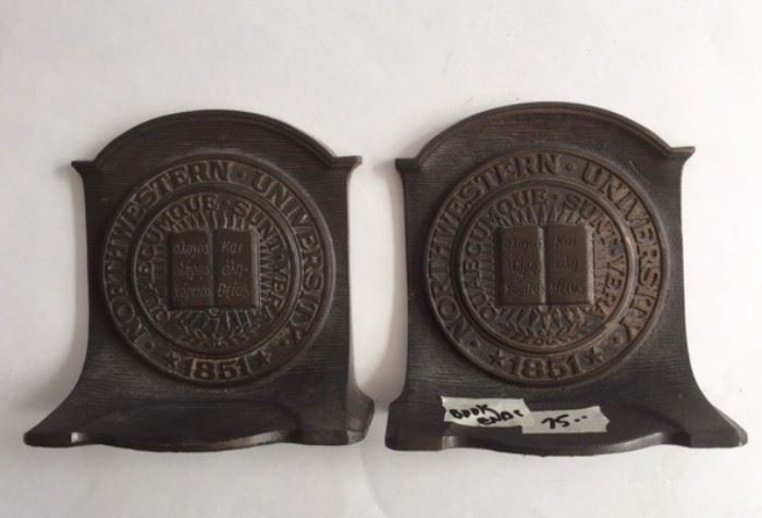 Bronze or brass bookends with Northwestern University logo on them.  