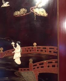 Detail #2 of the antique Japanese wood & lacquer folding screen in the dining room. 