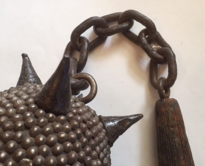 Detail of our "Chain Morning Star" or "Spiked Flail" weapon. Not on display at the sale. Please inquire at the front desk if you'd like to see it. 