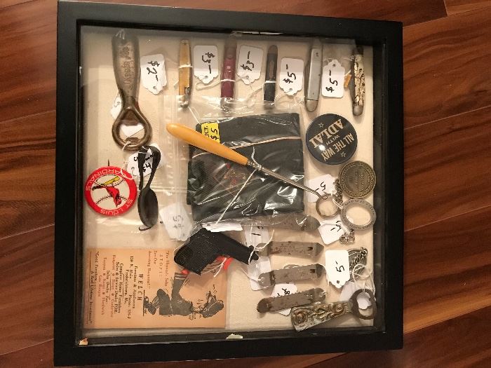 Smalls dominate this sale, including Military, A wonderful shoe hook, vintage openers, Fredericktown Advertisement pieces, Tootsie Toy pop gun and an array of bottle openers.  