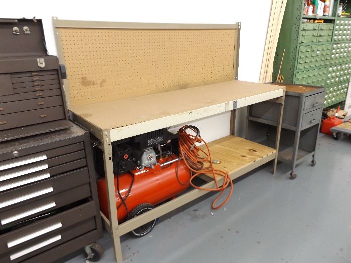 Metal Workbench with Wood Top, and Peg Board
