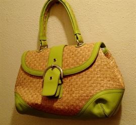 Pretty wheat colored straw and chartreuse handbag