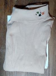 beige cotton turtleneck with fall leaves embroidered on collar