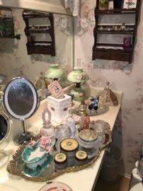 Vintage mirror trays, perfume bottles, etc