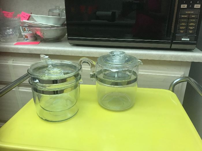 Pyrex glass double boiler and stovetop coffeepot