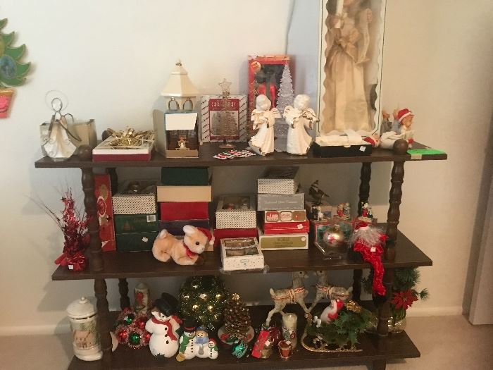 Christmas items  including vintage elf on the shelf and three tier stand  