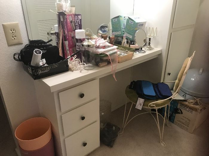 Various hair care items, vanity chair and bonnet hair dryer