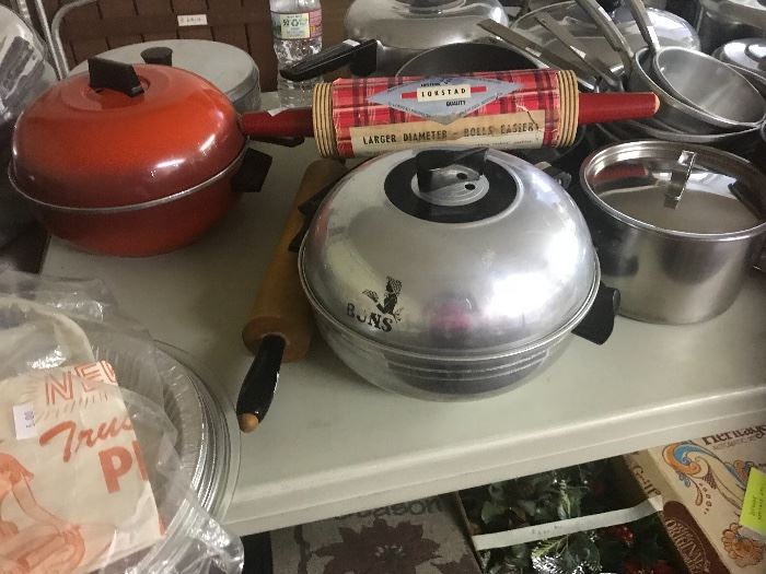 Ever seen or heard of a bun warmer?  We have 2!!  Also a very heavy rolling pin with groves, still in the original wrapper.  A small selection of the pots and pans avaialble.