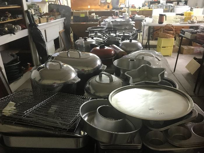 Lots of baking supplies all in very good condition. Also a good selection of the old aluminum cookware.  These however all in excellent condition.