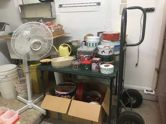 Large fan and an assortment of tins.  Yes, the heavy duty cart is also for sale.  Under the slop sink are a variety of empty containers.