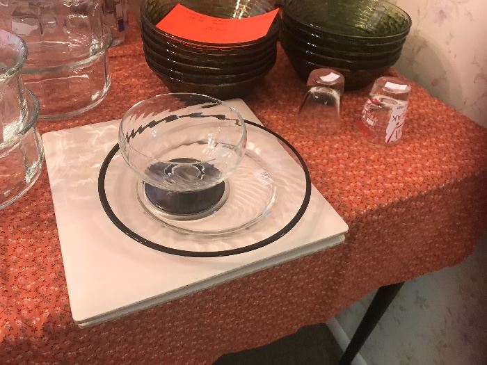 Very unusual dish set.  Unsure if these were used for shrimp and cocktail sauce or sherbert and cookies.  Believe there are 8 of these all in good condition.  Also The green bowls in the back are in pristine.