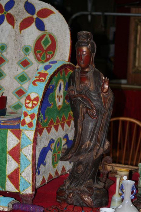 32" CARVED AND POLYCHROMED WOODEN QUAN YIN STATUE