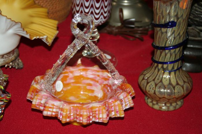 spangle art glass basket with twig handle