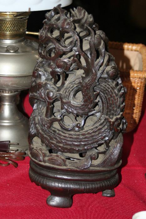 14" carved rosewood statue of dragon with pearl of knowledge