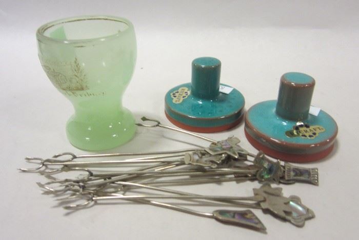 TWO RYCRAFT BUTTER PRESSES, ANTIQUE SOUVENIR JADEITE GLASS EGG CUP, AND SET OF TAXCO COCKTAIL PICKS WITH INLAID MOP FINIALS 