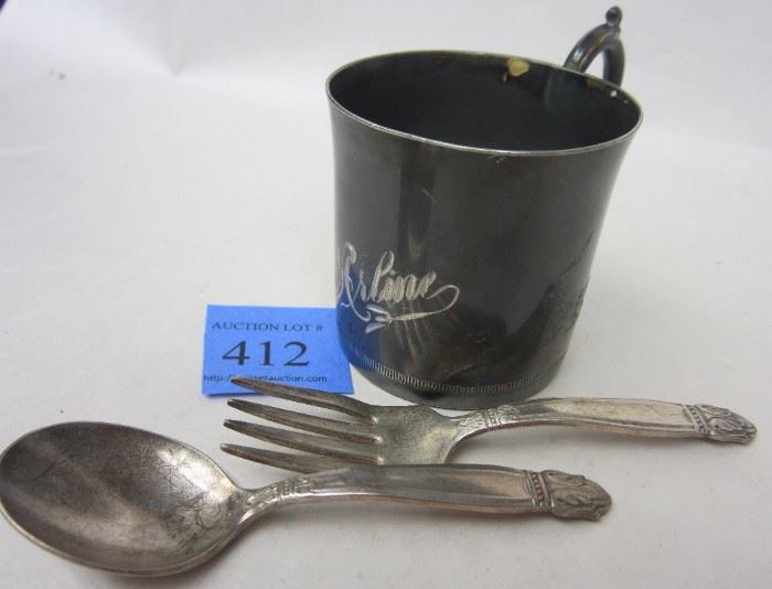SILVER PLATE BABY CUP, SPOON, FORK