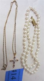  FAUX PEARL NECKLACE AND STERLING CROSS PENDANT AND CHAIN 