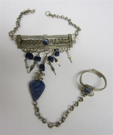 SLAVE BRACELET: ATTACHED RING AND BRACELET WITH BLUE STONES 