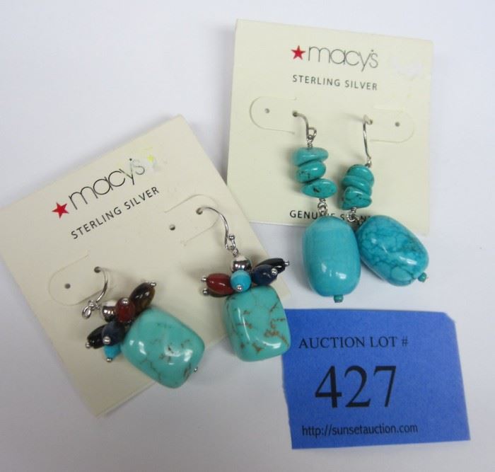 TWO PAIRS OF STERLING SILVER AND TURQUOISE EARRINGS FROM MACY'S. ORIGINAL PRICE TAGS $70.00 & $40.00 