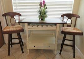 Pair Wood/Straw Seat Swivel Bar Stools, Wine Storage Bistro Table with Single Drawer