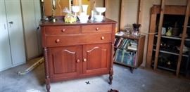 Cherry sideboard/buffet. Miscellaneous milk glass, some Fenton.